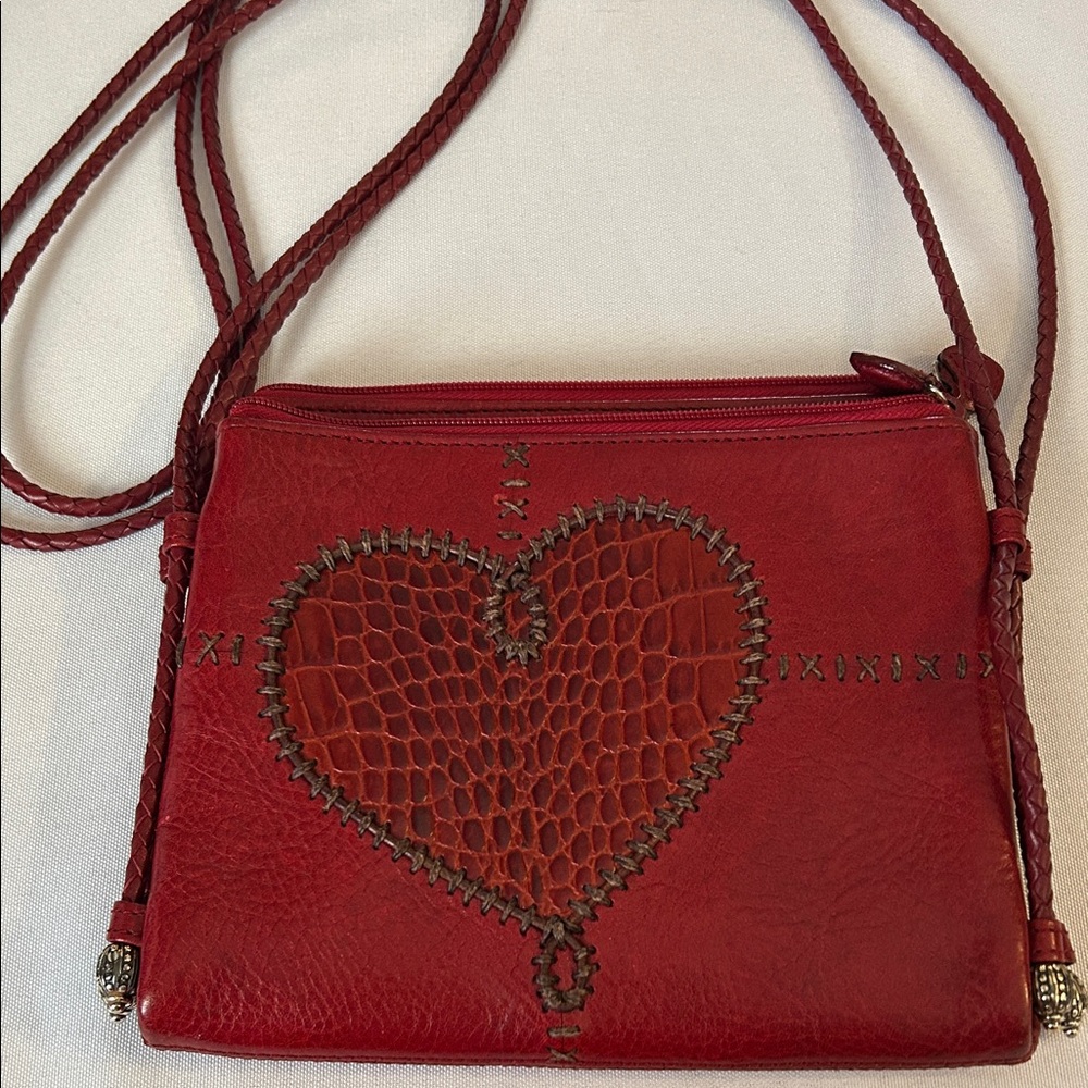 Brighton Leather Wallet Bag Dark Deep Red Heart Crossbody EUC